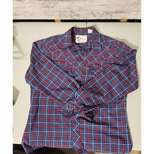 Denver Manufacturing Pearl Snap Shirt Men's L Blue Red Plaid Vtg Western Cowboy